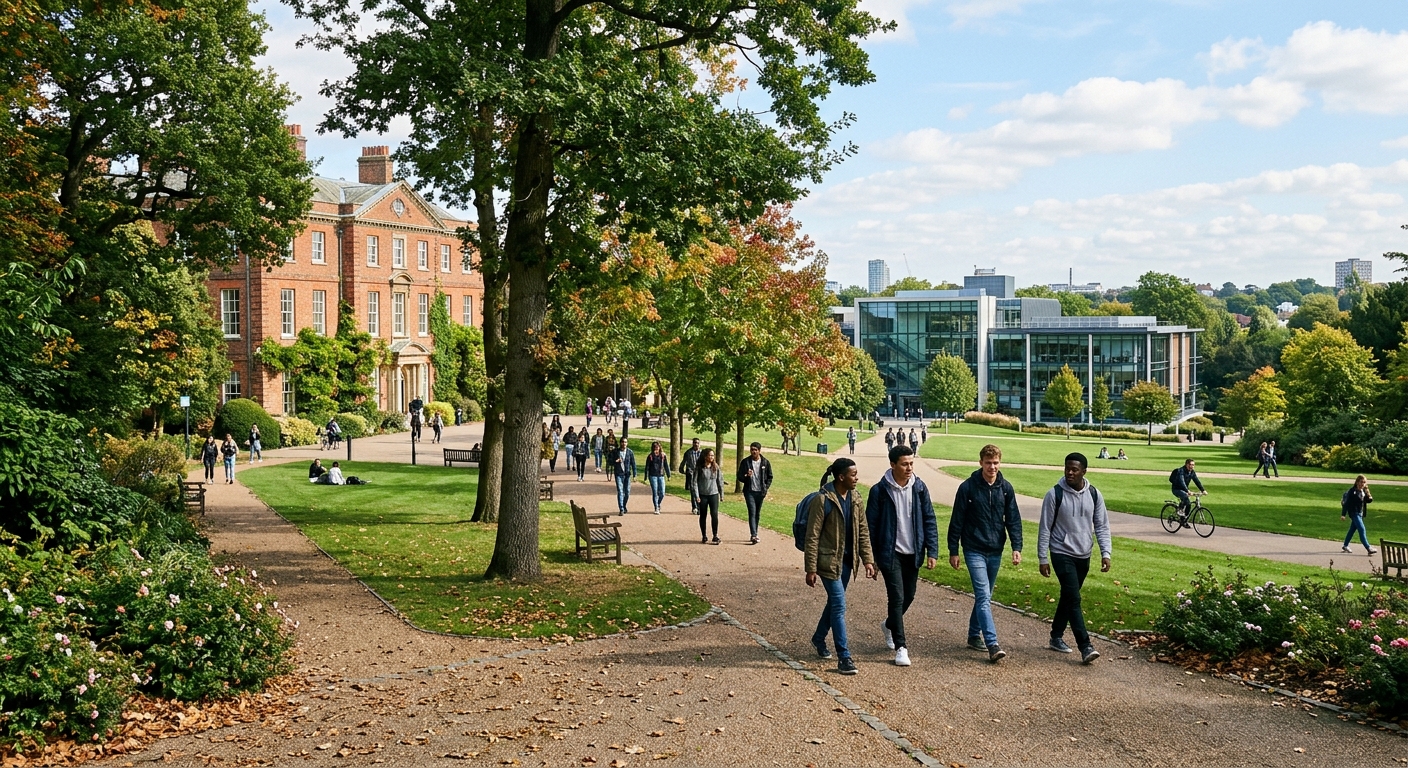 University of Roehampton campus in southwest London, green parkland with historic college buildings, students walking along tree-lined paths, modern lecture hall visible in background