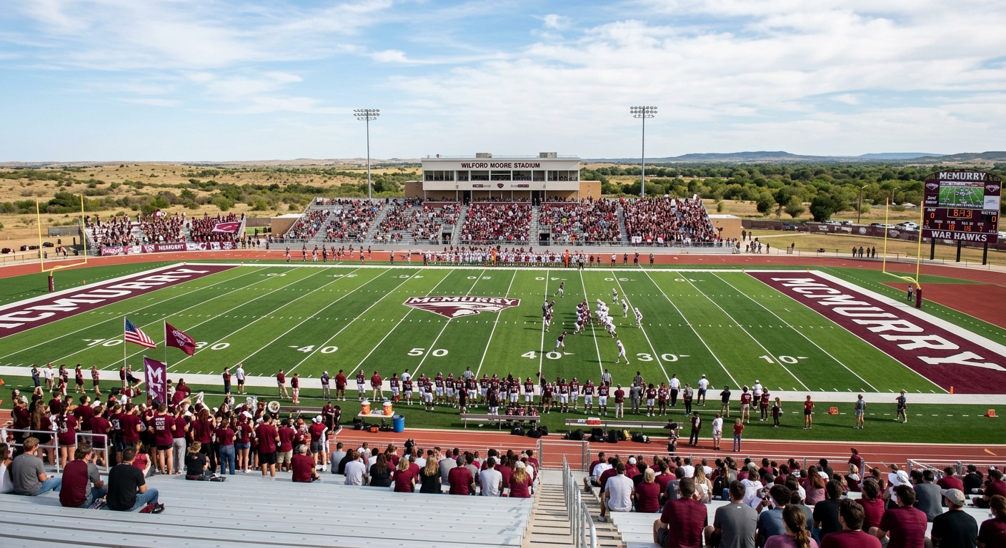 McMurry University Wilford Moore Stadium, football field with maroon and white markings, bleachers, West Texas landscape in background, game day atmosphere
