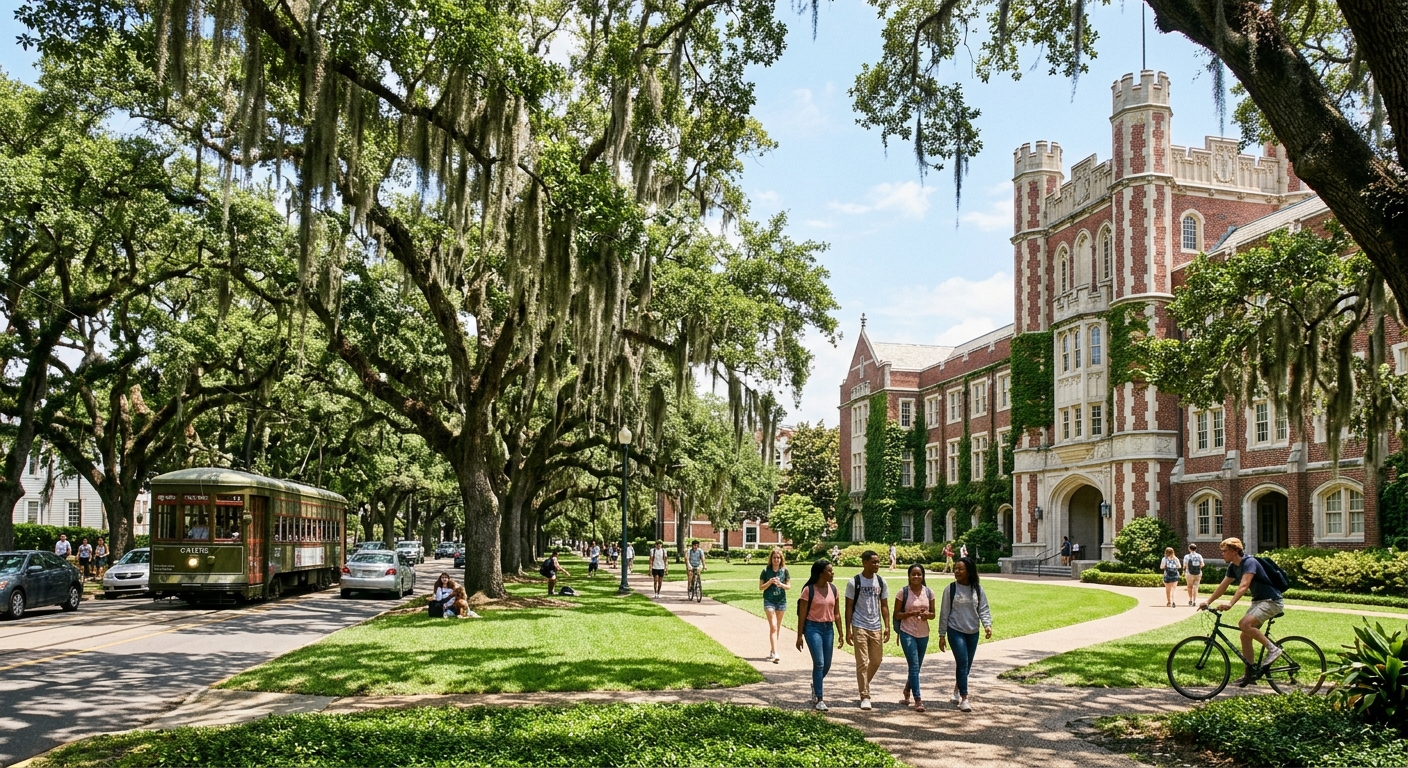Loyola University New Orleans historic campus with oak-lined St. Charles Avenue, Marquette Hall and Tudor-Gothic architecture, students walking across green lawns under Spanish moss, sunny Louisiana day