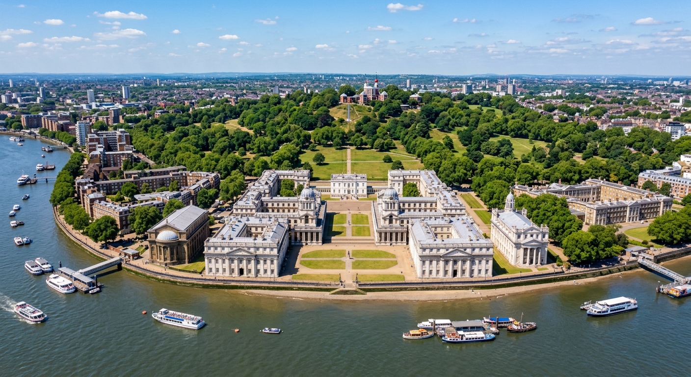 Aerial view of the Old Royal Naval College in Greenwich, London, with the River Thames in the foreground, classical Baroque architecture of King Charles Court, Greenwich Park and the Royal Observatory visible in the background, clear blue sky