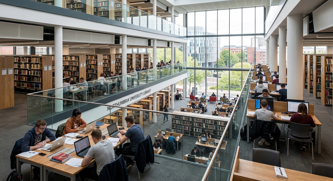 Northumbria University Library interior, multi-storey open plan study space with modern furniture, natural light from large windows, students studying at desks and computers, bookshelves lining walls