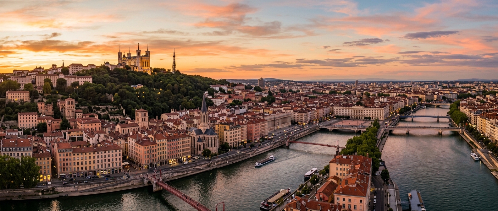 Panoramic cityscape of Lyon France at sunset, Fourvière basilica on hilltop, Saône and Rhône rivers converging, colorful Renaissance buildings in Vieux Lyon, warm evening light