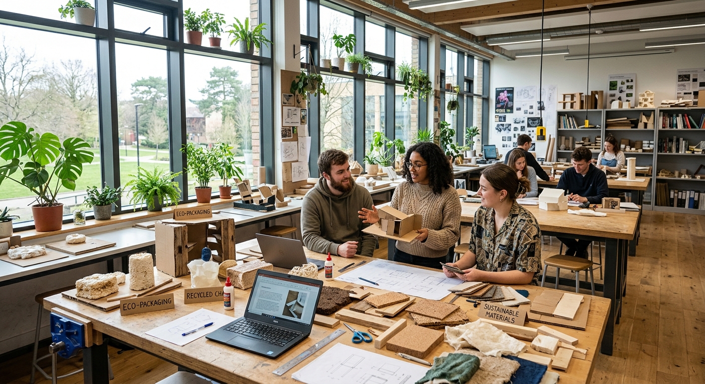 Modern design studio at Arts University Bournemouth campus, students collaborating on sustainable design projects with eco-friendly materials, large windows with natural light, green plants and recycled material prototypes on workbenches