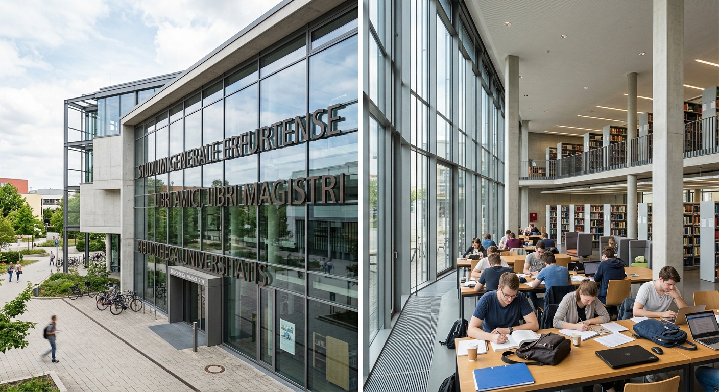 University of Erfurt campus library modern architecture, glass facades with Latin inscriptions, students studying inside, natural daylight flooding through large windows