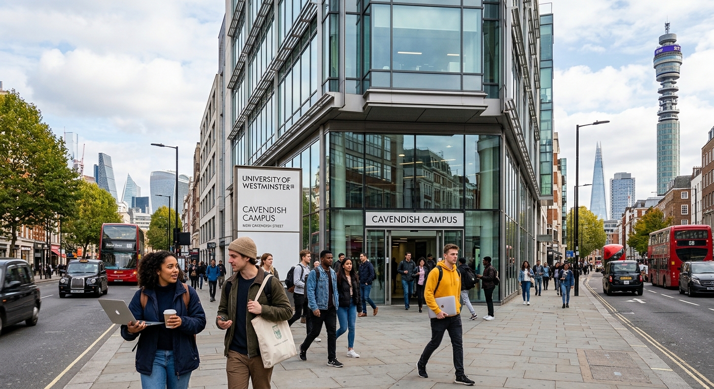 Modern university campus building in central London with glass facade, students walking outside carrying laptops, Cavendish Campus at University of Westminster, urban setting with nearby London landmarks
