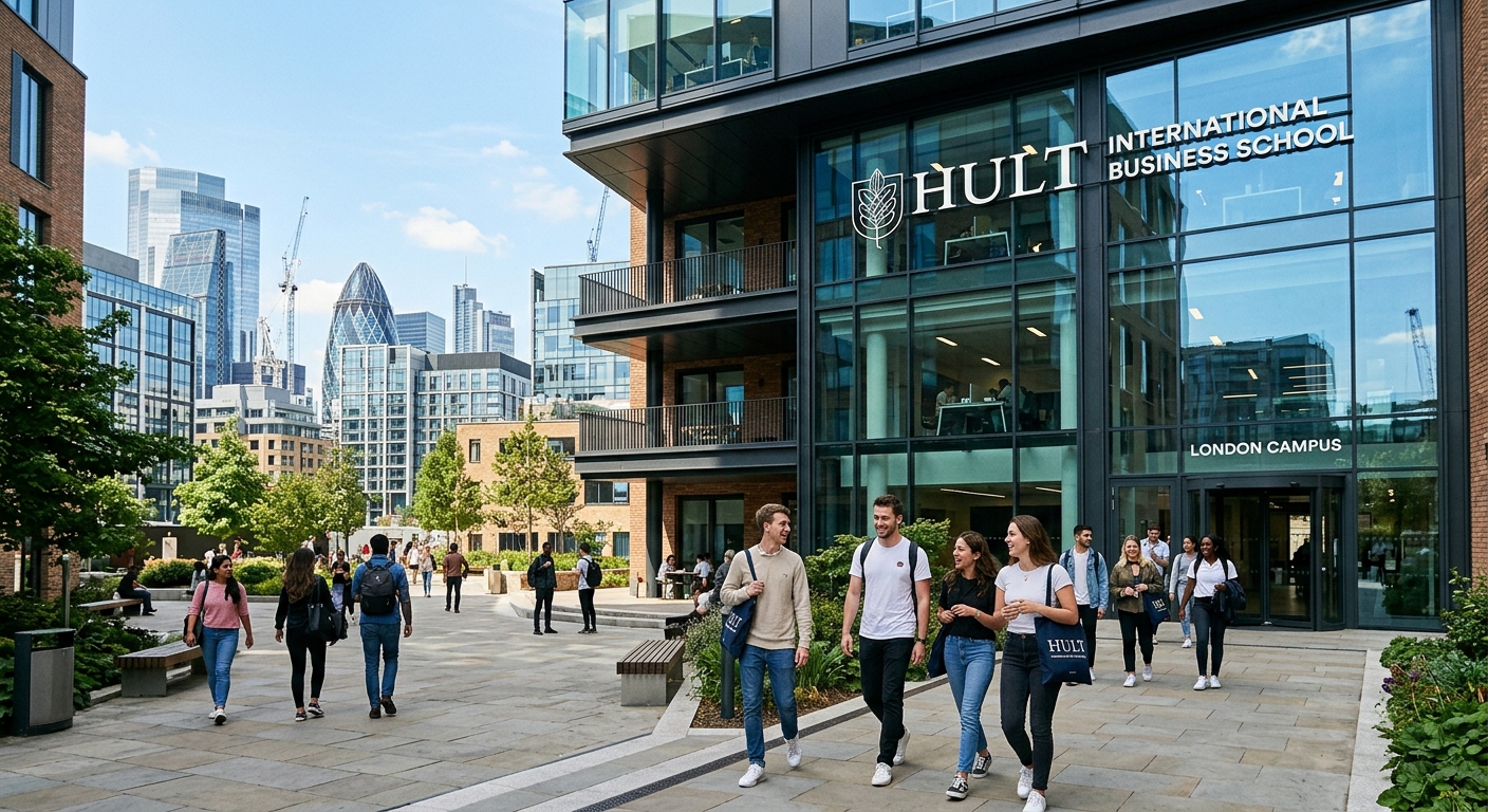 Modern Hult International Business School London undergraduate campus building with glass facade near the City of London, students walking through a sunlit courtyard, contemporary architecture with urban East London backdrop including nearby tech hub buildings