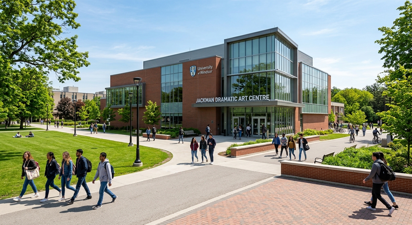 University of Windsor Jackman Dramatic Art Centre exterior with students walking on campus, modern glass and brick building, green trees and pathways, bright sunny day in Windsor Ontario Canada
