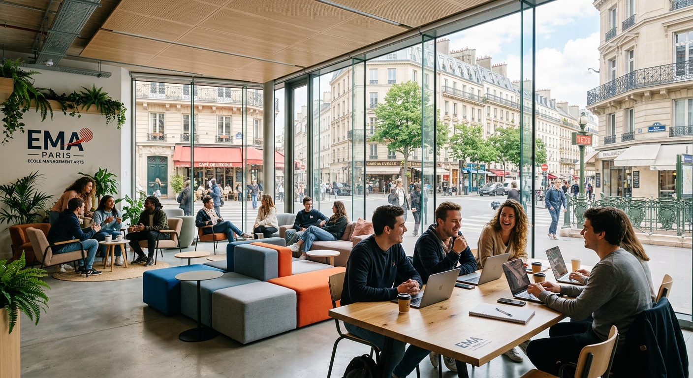 EMA Paris campus common area with students socialising, modern furniture, open-plan collaborative space, large glass walls with view of Parisian street