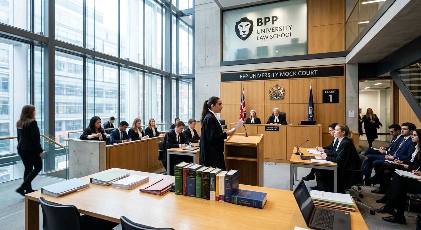 Modern BPP University Law School campus interior with mock courtroom, law students practising advocacy in professional setting, legal textbooks visible, contemporary architecture with natural lighting