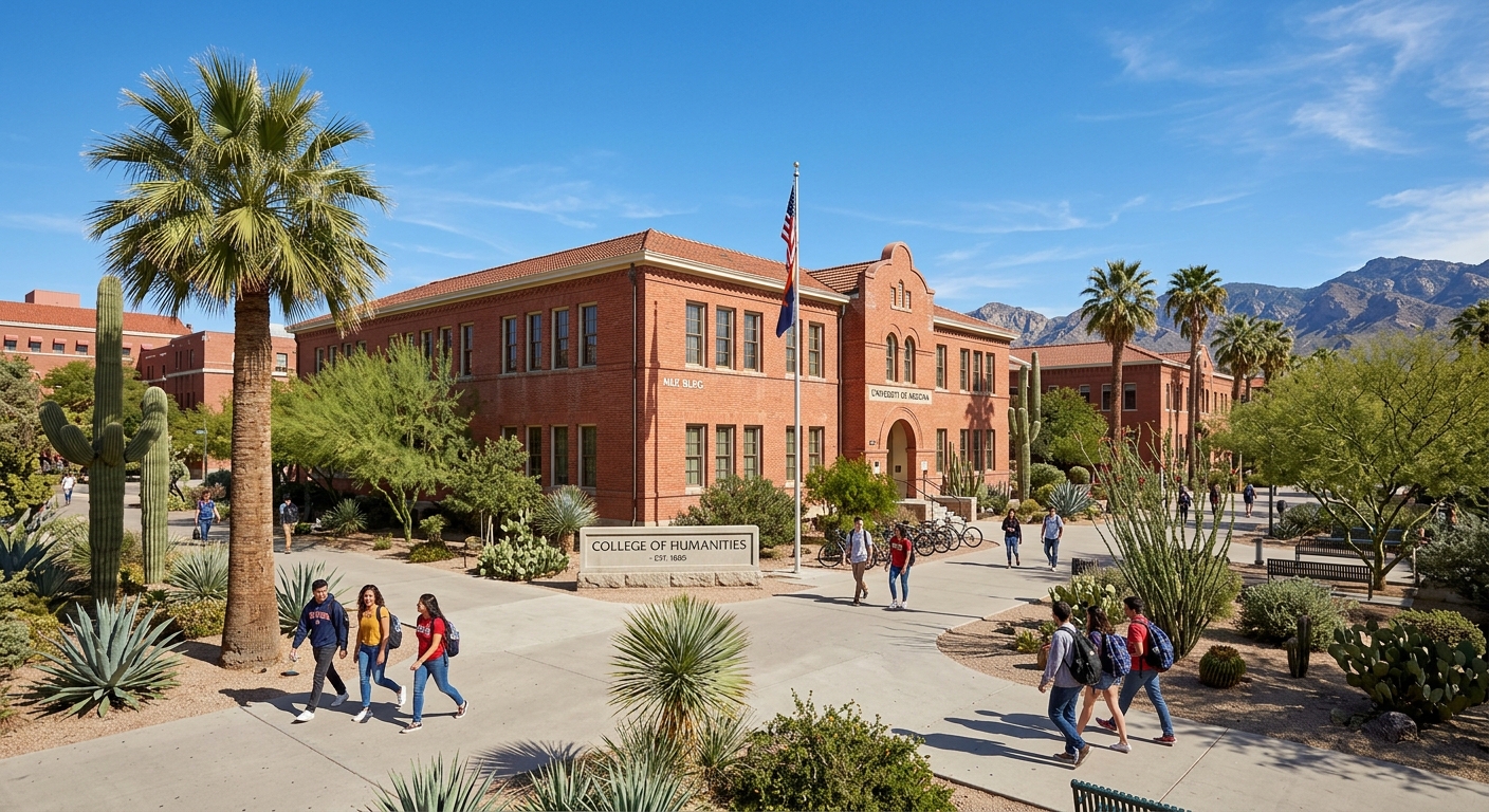University of Arizona campus in Tucson with red brick buildings, desert landscape, palm trees, and clear blue sky, students walking along pathways near the College of Humanities