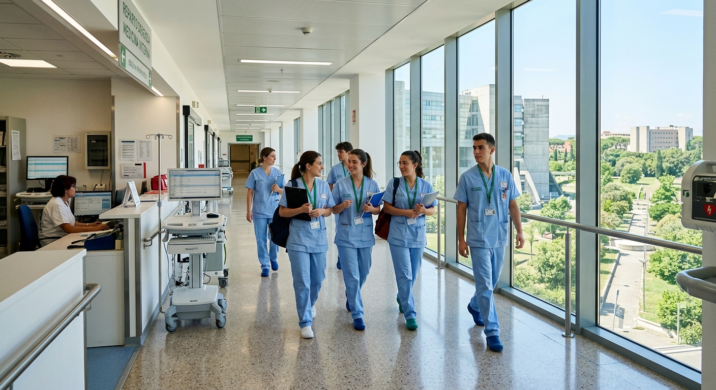 Modern university hospital building at Roma Tor Vergata campus, nursing students in clinical uniforms walking through bright corridors, medical equipment visible, Italian architecture in background with green campus surroundings
