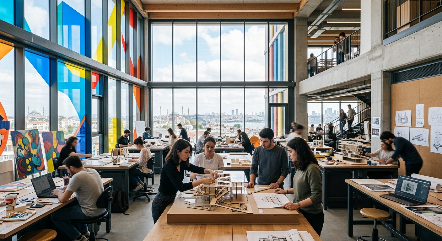 Modern university campus building in Istanbul with creative design studios, students working on art projects and architectural models, contemporary glass facade with colorful design elements, urban skyline in background