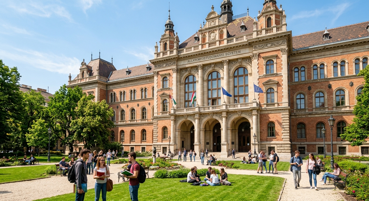 University of Veterinary Medicine Budapest main building, ornate 19th-century Neo-Renaissance facade designed by Imre Steindl, arched windows, green courtyard with students, sunny day