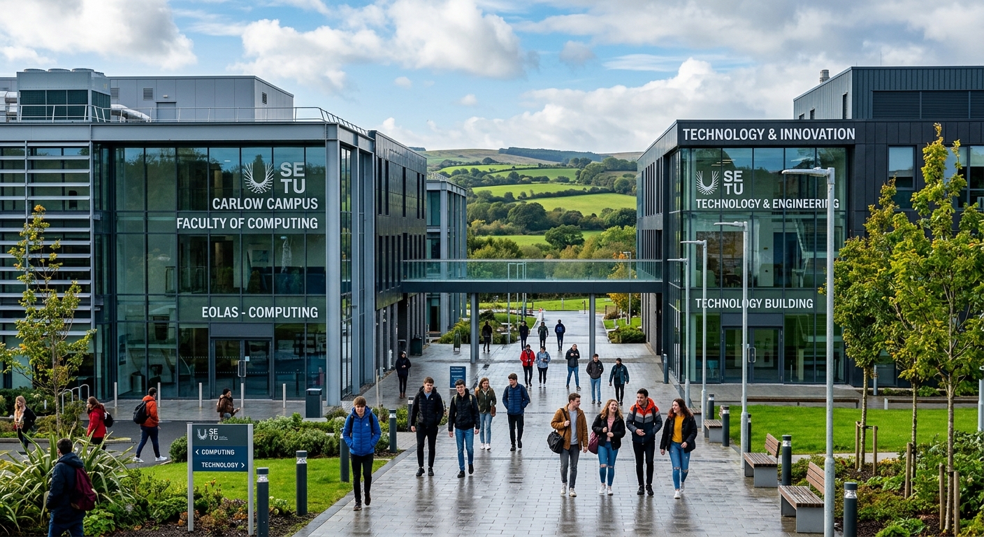 Modern university campus building at SETU Carlow Ireland with students walking between computing and technology buildings, green Irish countryside in background, contemporary architecture with glass facades