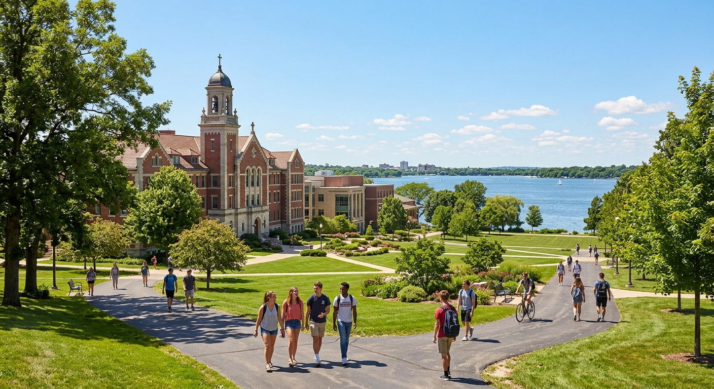 Edgewood College campus in Madison Wisconsin with Lake Wingra in the background, green lawns, historic Dominican architecture, and students walking on tree-lined paths under blue sky