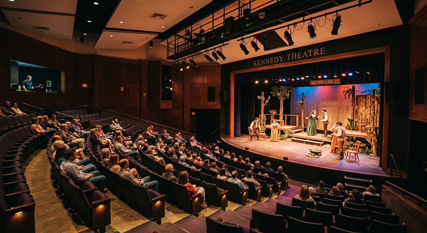 Kennedy Theatre at Barton College, interior view with stage lighting, rows of seating, performance stage set up for a production