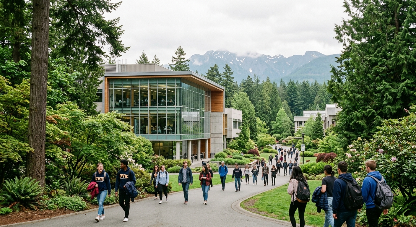 University of Victoria campus surrounded by lush Pacific Northwest forests and gardens, modern science building with glass facade, students walking along tree-lined pathways with mountains visible in the background, bright overcast sky typical of Vancouver Island
