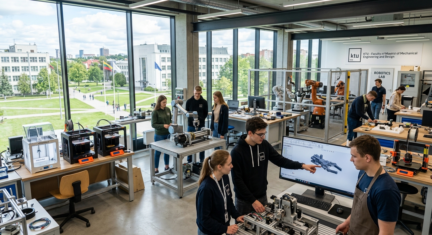 Modern engineering laboratory at Kaunas University of Technology with students working on mechanical systems, CAD workstations displaying 3D models, robotic arms and prototyping equipment visible, bright industrial-academic setting with large windows overlooking the KTU campus in Kaunas, Lithuania