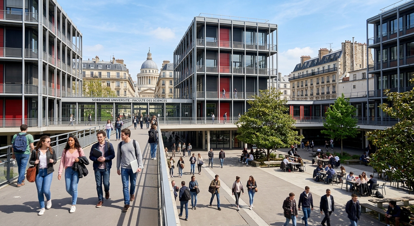 Sorbonne University Jussieu Campus in Paris Latin Quarter, modern science and engineering building with students walking through courtyard, historic Parisian architecture in background, sunny day