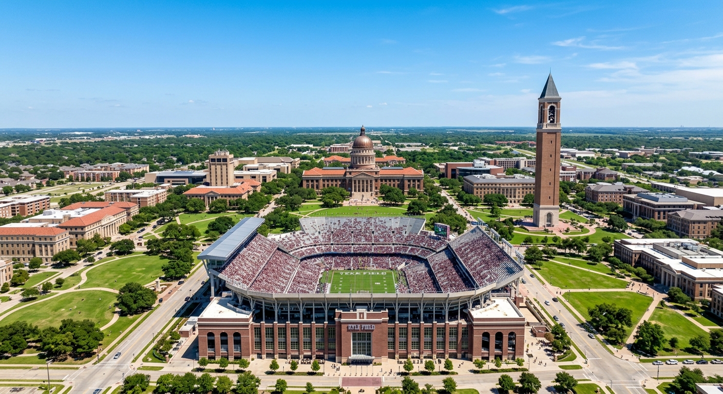 Aerial view of Texas A&M University College Station campus showing Kyle Field stadium, the Academic Building with its distinctive dome, sprawling green lawns, and the Albritton Bell Tower under a clear blue Texas sky