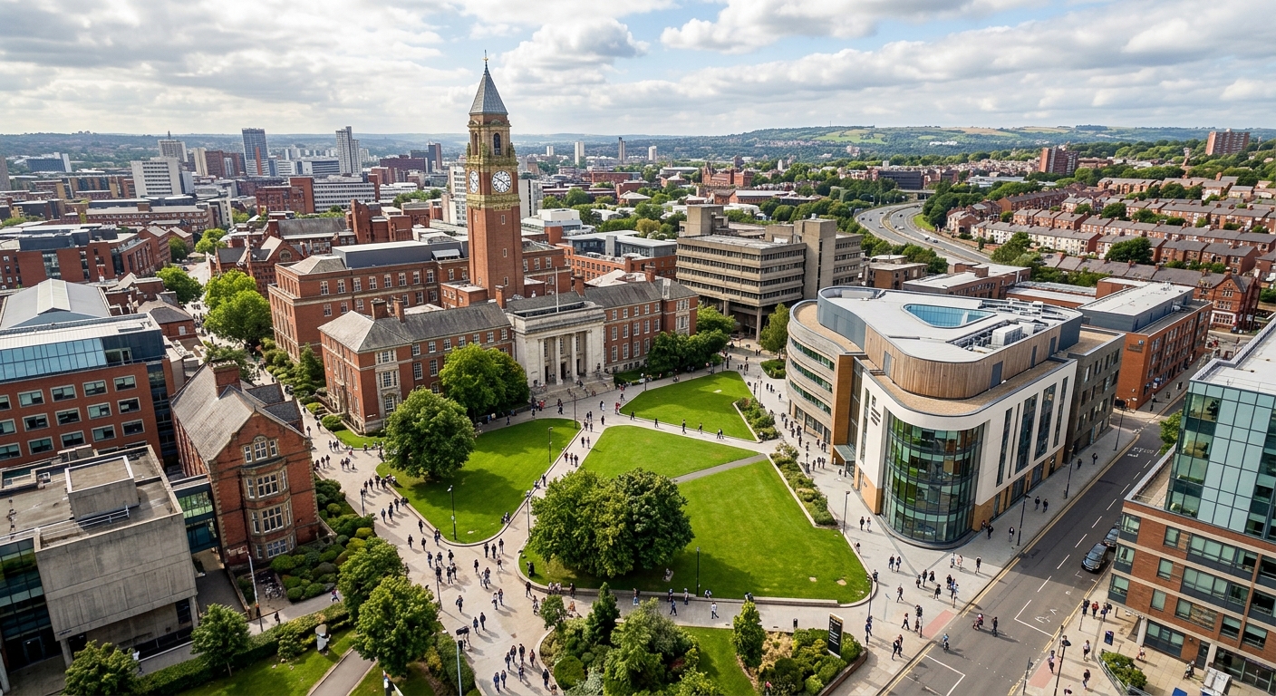 Aerial view of the University of Leeds campus with the Parkinson Building clock tower, modern Leeds University Business School building, green lawns, and students walking between red-brick and contemporary glass buildings under a partly cloudy English sky