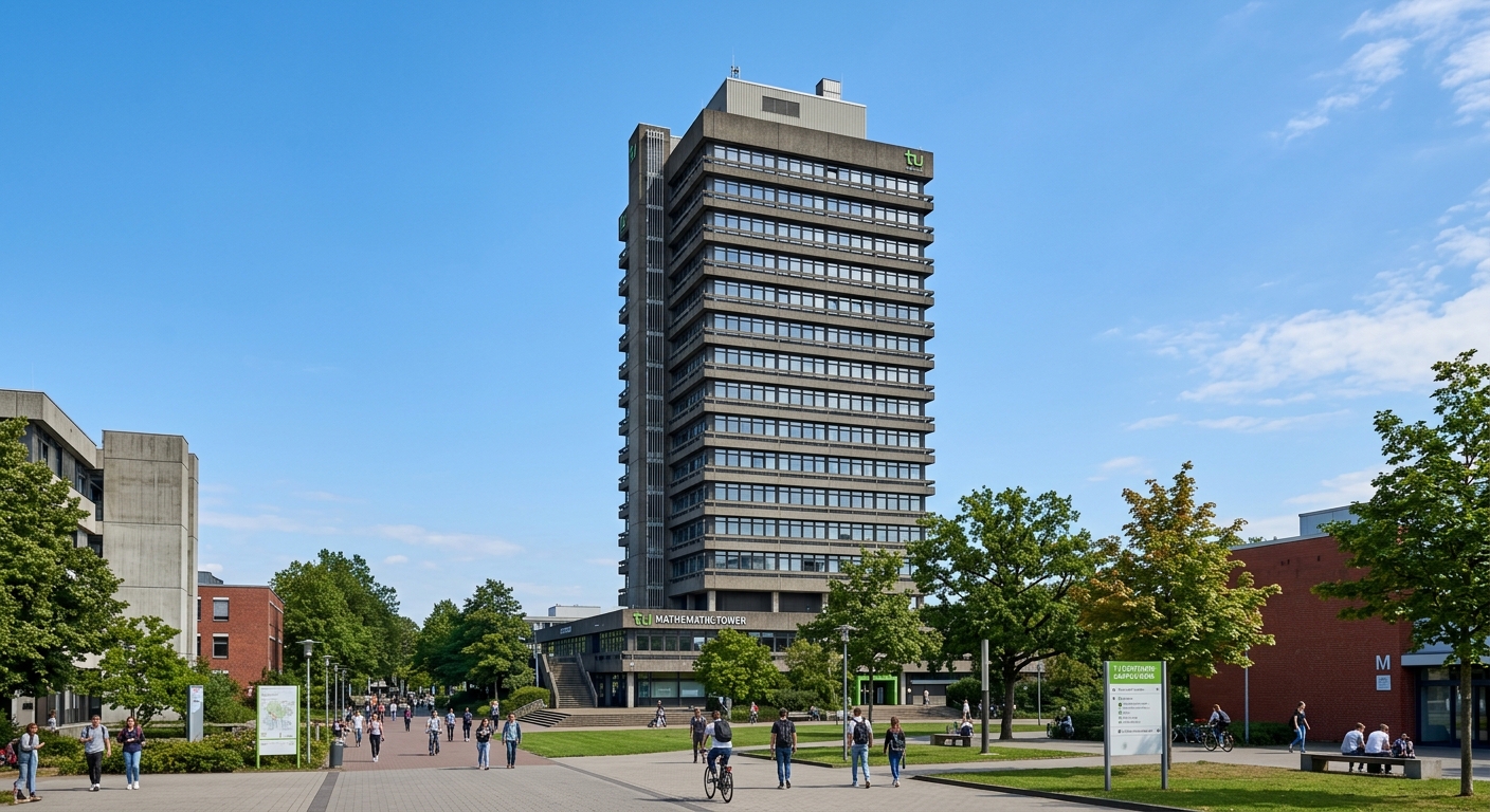 TU Dortmund Mathetower (Mathematics Tower) building, tall modernist university tower against blue sky, campus grounds visible