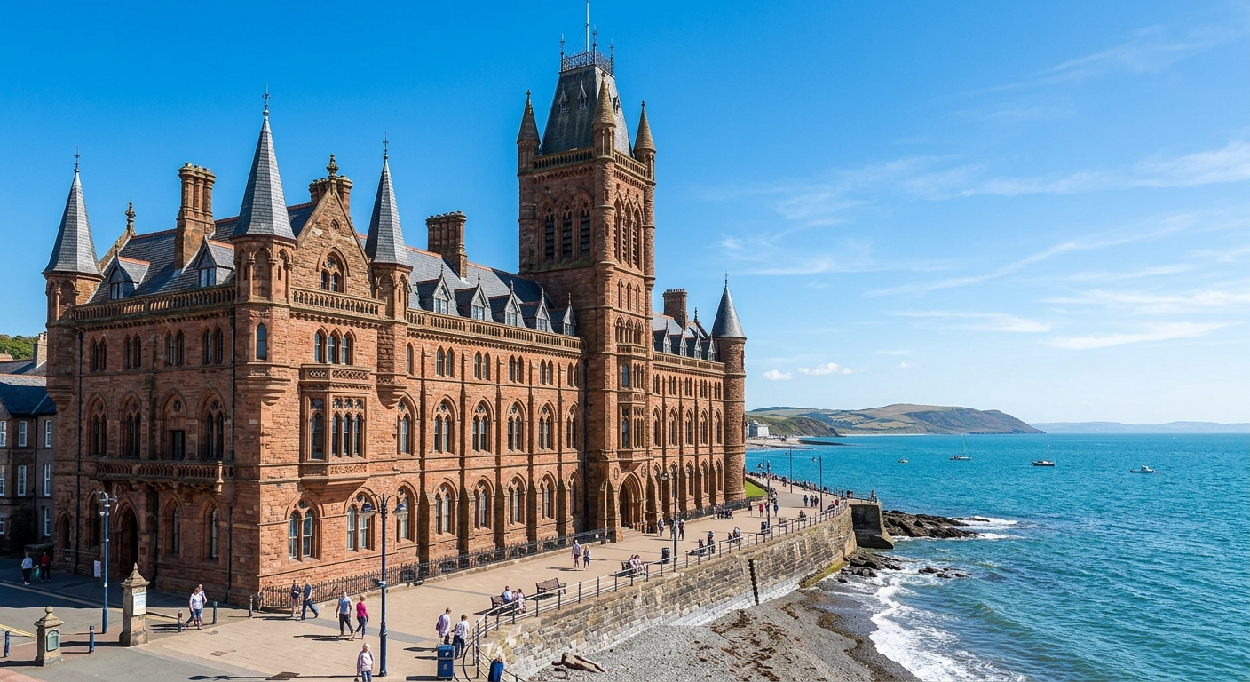 Aberystwyth University Old College Gothic revival building on the seafront, ornate Victorian architecture with turrets and arched windows, Cardigan Bay in the background, clear day