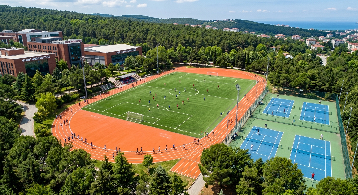 Camlık Sports Campus of Gedik University in Pendik, outdoor football pitch, tennis courts, running track surrounded by trees, students exercising