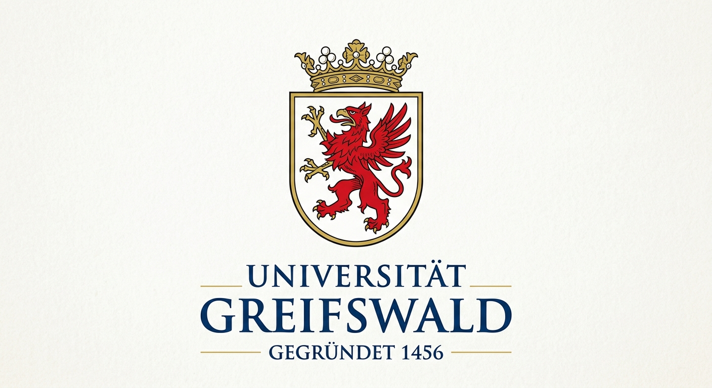University of Greifswald official logo featuring a red griffin on a white shield, the traditional heraldic symbol of Pomerania, with university name in serif typeface