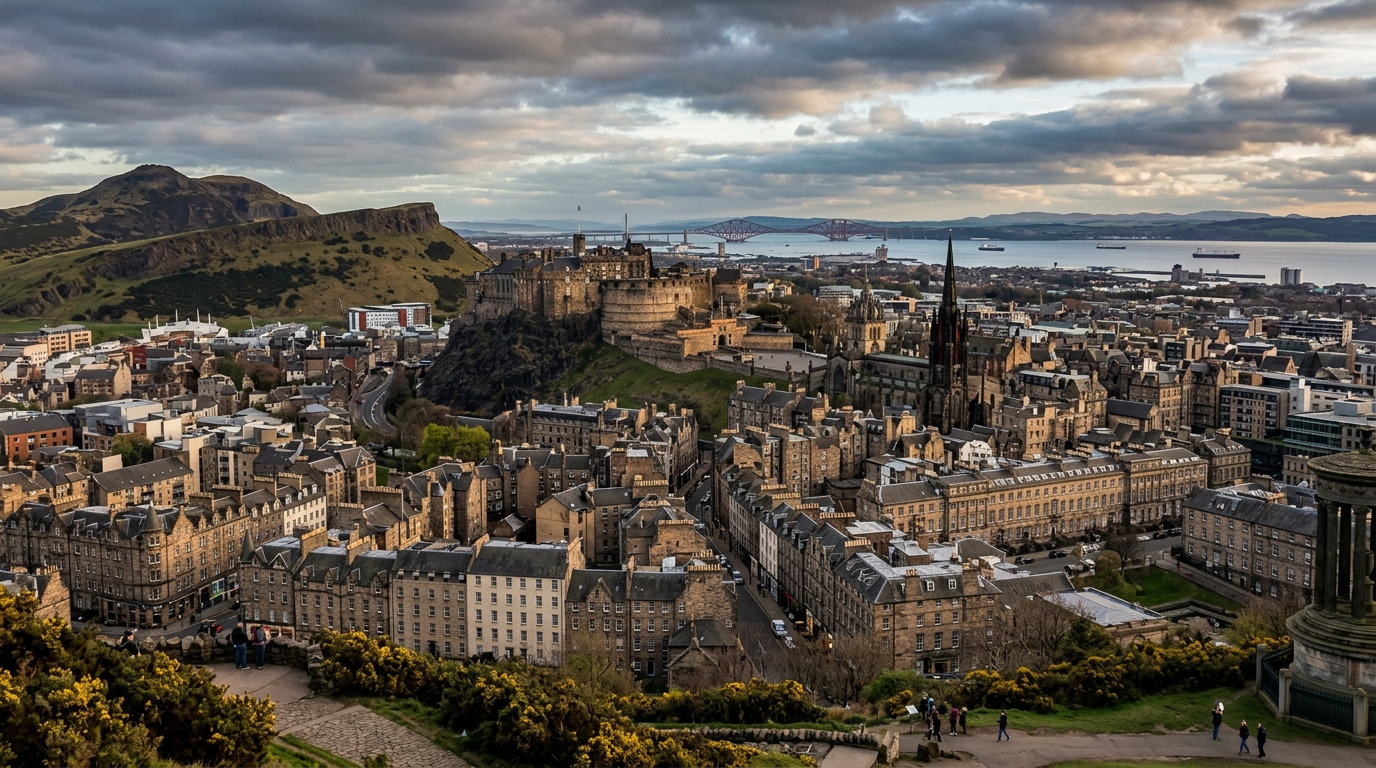 Edinburgh cityscape panorama showing Edinburgh Castle on the volcanic rock, Old Town rooftops, Arthur's Seat hill, and the Firth of Forth in the distance under dramatic Scottish skies