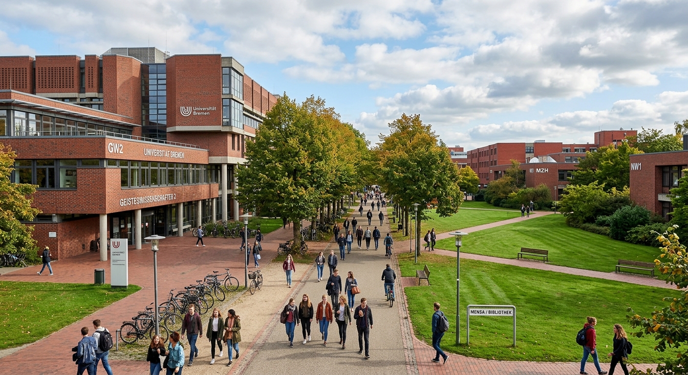 Modern campus of the University of Bremen with red-brick academic buildings, green lawns, and students walking along tree-lined paths in northern Germany under a partly cloudy sky