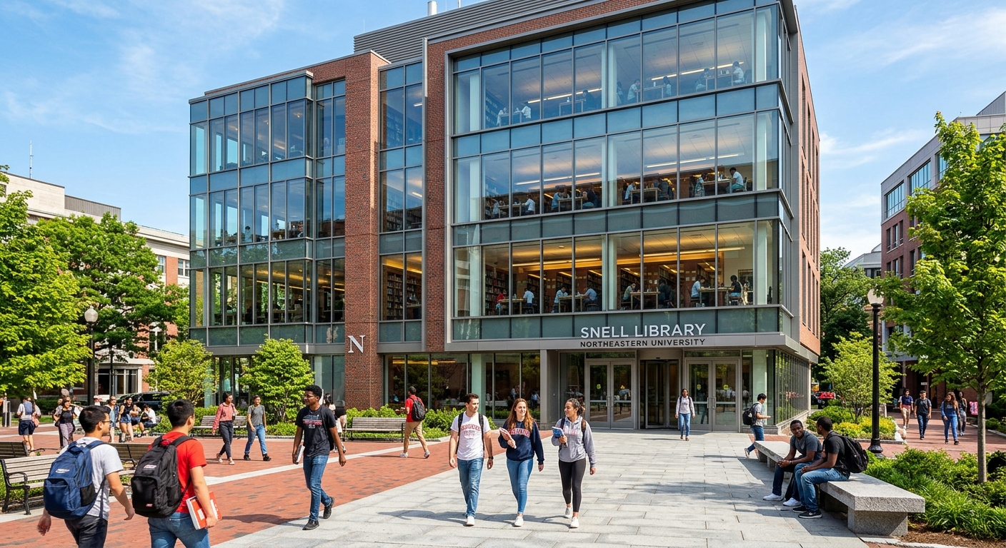 Snell Library at Northeastern University, a contemporary multi-story building with large glass windows, students studying inside and walking outside on a sunny day