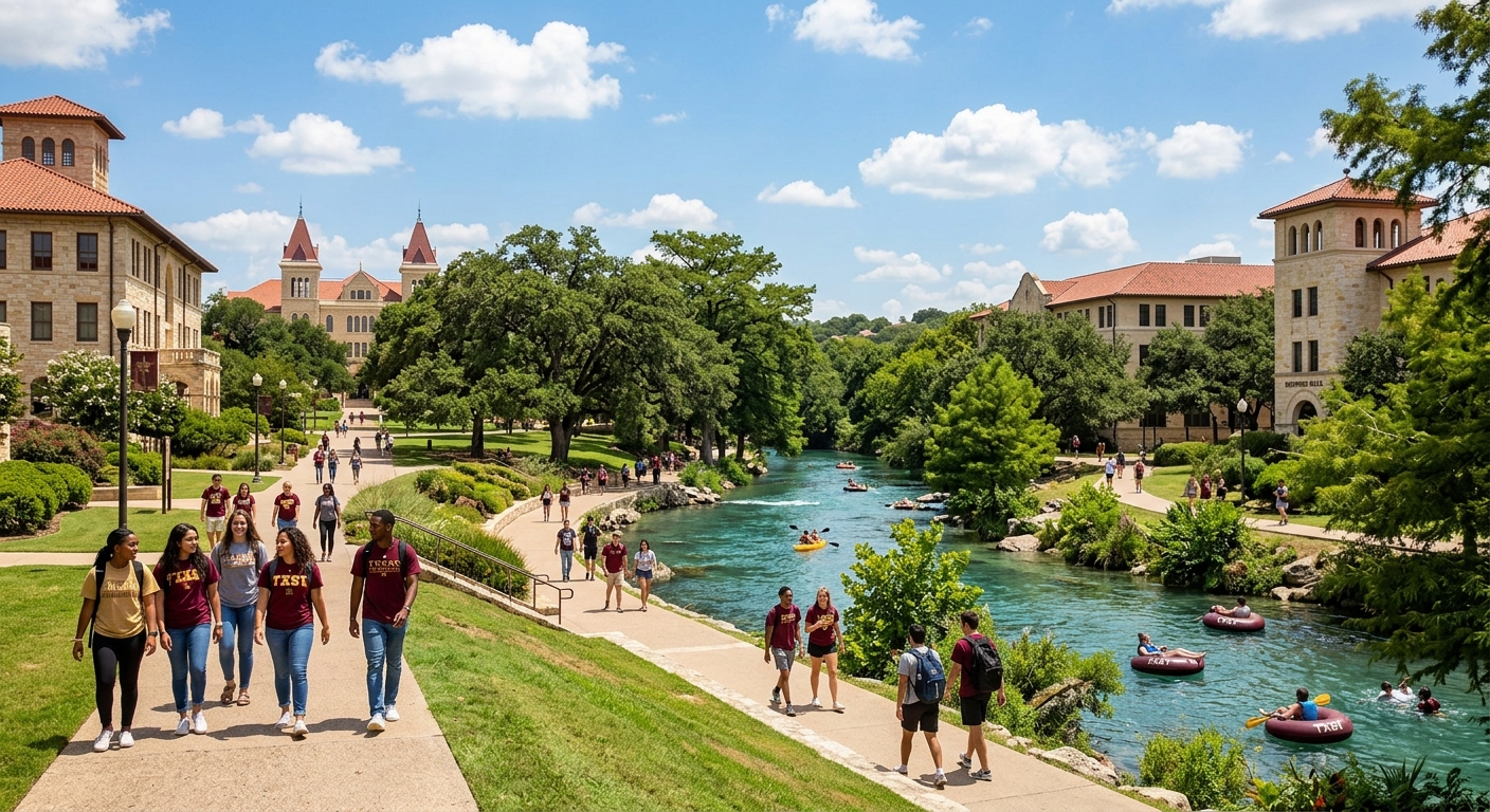 Modern Texas State University campus in San Marcos with limestone buildings, lush green trees, the San Marcos River flowing through campus, and students walking along pathways under a bright Texas sky