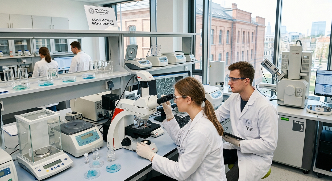 Modern materials science laboratory at Warsaw University of Technology, researchers examining biomaterial samples under microscopes, advanced characterization equipment, clean lab environment with bright lighting, Warsaw Poland campus