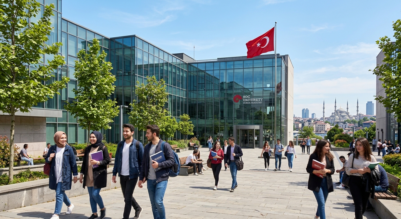 Modern university campus building in Istanbul with glass facade, law students walking through courtyard, Turkish flag visible, clear blue sky, urban skyline in background