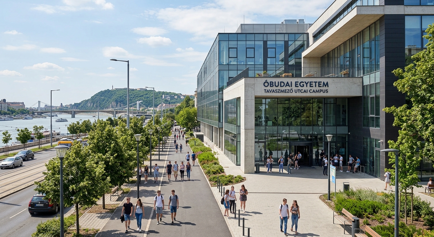 Obuda University main campus building on Becsi ut street in Budapest, modern institutional architecture with glass and concrete facade, tree-lined walkway, students walking, Danube River and Buda hills visible in background, bright daylight