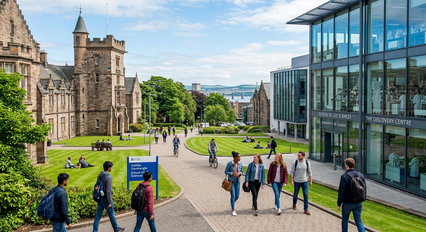 University of Dundee campus in Scotland with historic stone buildings, modern research facilities, and green lawns under a clear sky, students walking along pathways near the School of Life Sciences