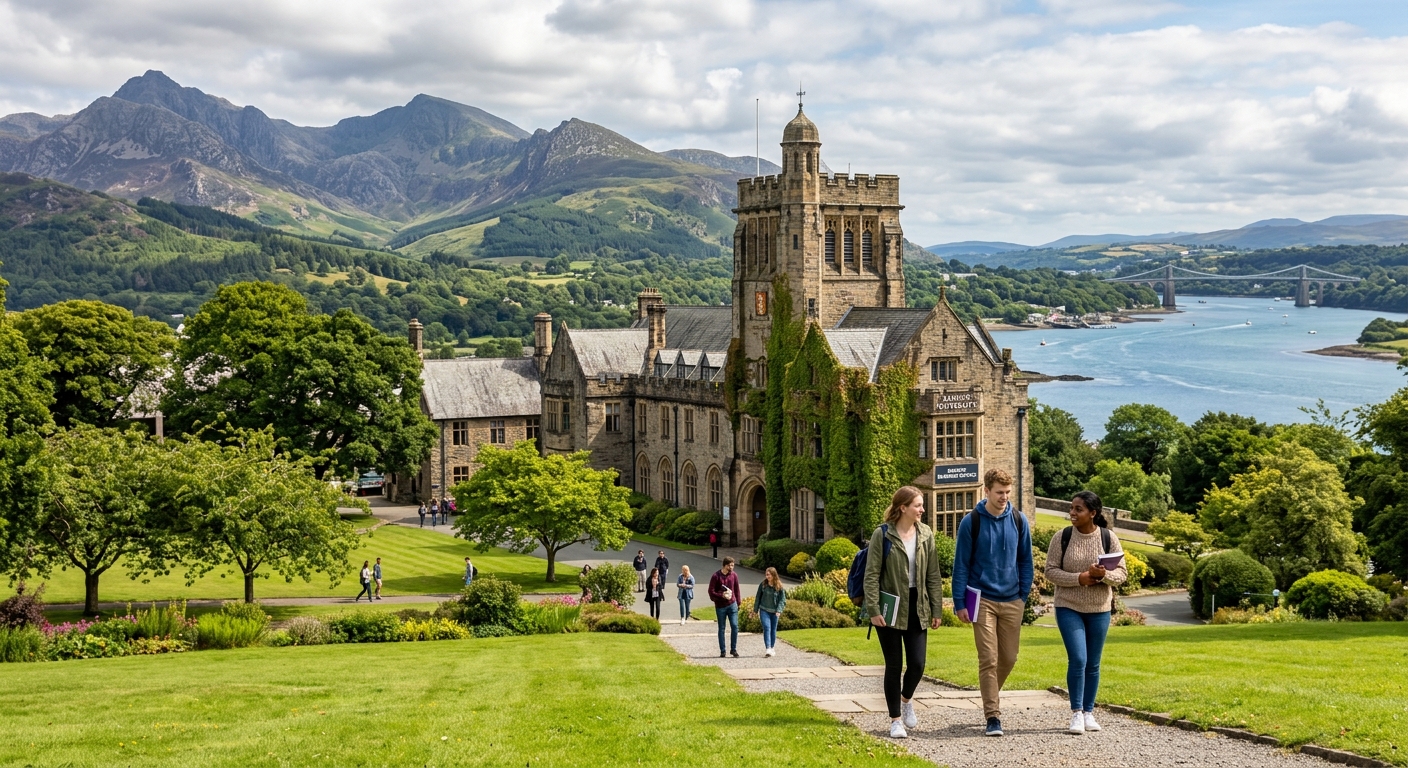 Bangor University campus nestled between Snowdonia mountains and the Menai Strait in North Wales, historic stone buildings surrounded by lush green landscapes, postgraduate students walking near the business school