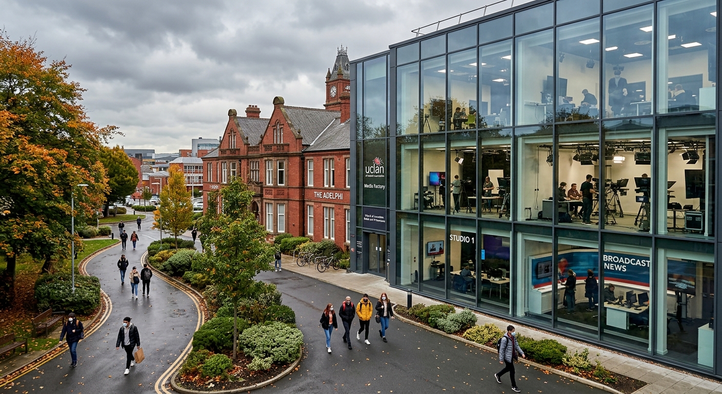 University of Lancashire Preston campus with modern media building, broadcast studios visible through glass windows, students walking on tree-lined pathways, red brick and contemporary architecture, overcast British sky