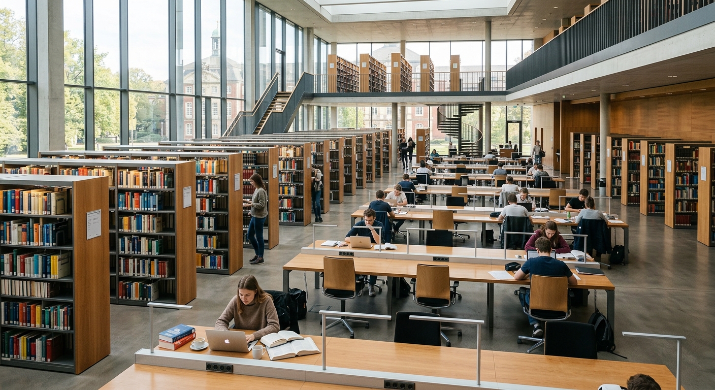 Modern University of Münster library building interior with rows of bookshelves, students studying at desks, large windows with natural light, contemporary German university architecture