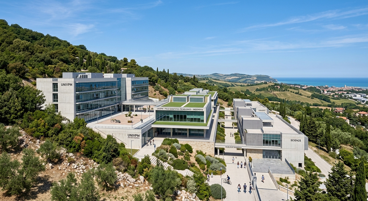 Monte Dago Science and Technology Campus of UNIVPM, modern university buildings on a hillside surrounded by Mediterranean vegetation, engineering and science faculty buildings, clear blue sky