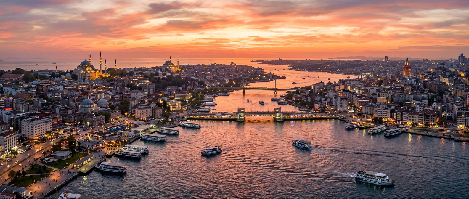 Panoramic view of Istanbul skyline showing the Golden Horn waterway, historic mosques and minarets of Sultanahmet, Galata Tower, Bosphorus strait with ferries, vibrant sunset colors reflecting on water