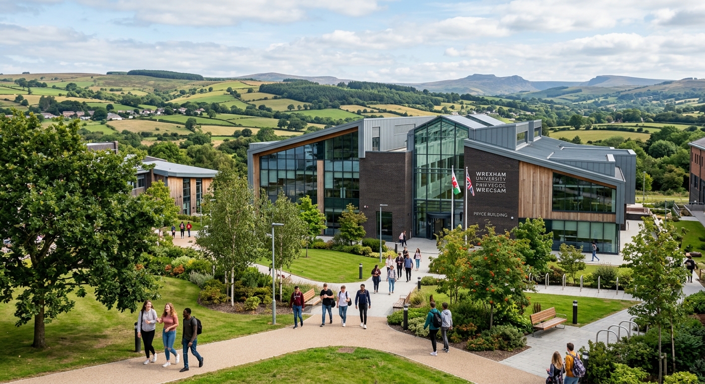 Modern Wrexham University campus building in North Wales with green landscaped grounds, students walking along pathways, Welsh countryside visible in background, contemporary glass and brick architecture