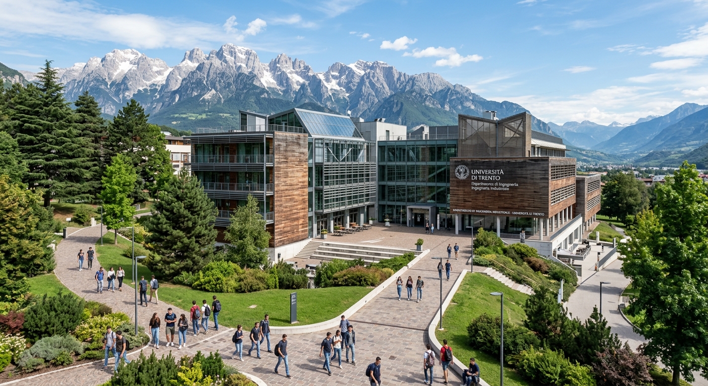 Modern university campus building of the Department of Industrial Engineering at University of Trento, surrounded by the scenic Dolomite mountains, students walking along pathways with green landscaping and contemporary architecture