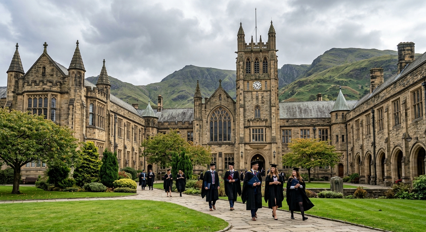 Historic Bangor University Main Arts building with Gothic architecture, students in academic gowns walking through the courtyard, lush green mountains of Snowdonia visible in the background, bright overcast Welsh sky