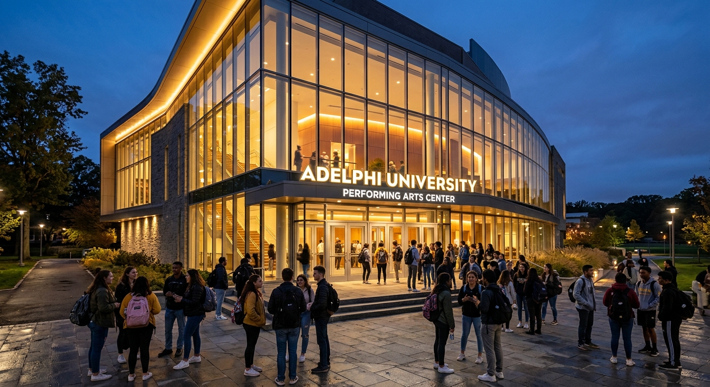 Adelphi University Performing Arts Center, contemporary building with large glass facade illuminated at dusk, concert hall entrance with students gathering outside