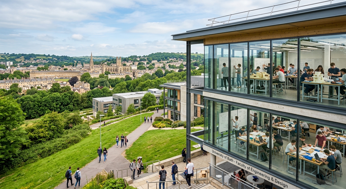 University of Bath campus on Claverton Down overlooking the historic city of Bath, modern engineering building with students working on design projects, green hillside and Georgian architecture in the background, bright daylight