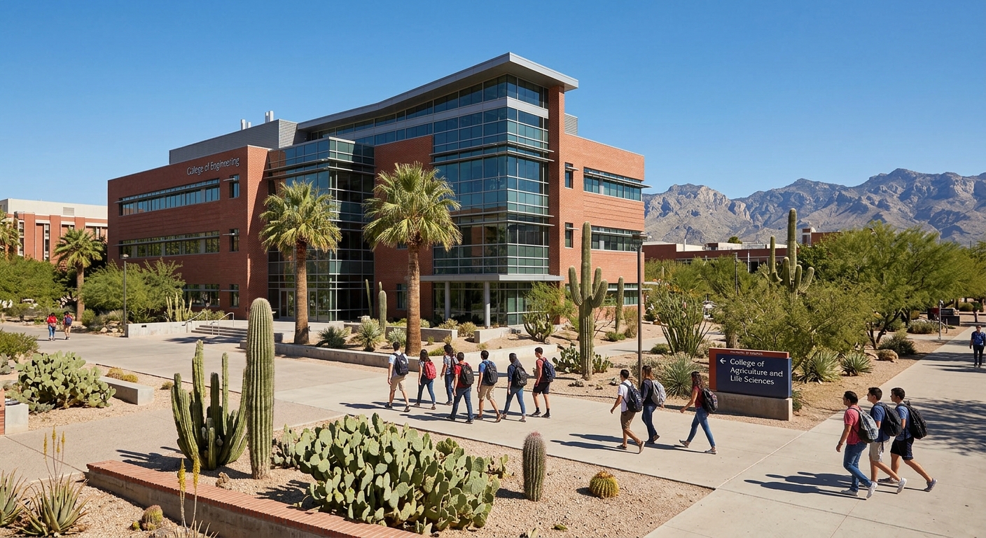 University of Arizona campus in Tucson with arid desert landscape, modern engineering building surrounded by palm trees and cacti, clear blue sky, students walking on pathways near the College of Agriculture and Life Sciences