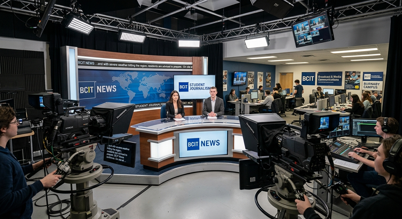 Modern broadcast journalism studio at BCIT Burnaby campus with professional video cameras, teleprompters, studio lighting, and students practicing news delivery in a realistic newsroom setting