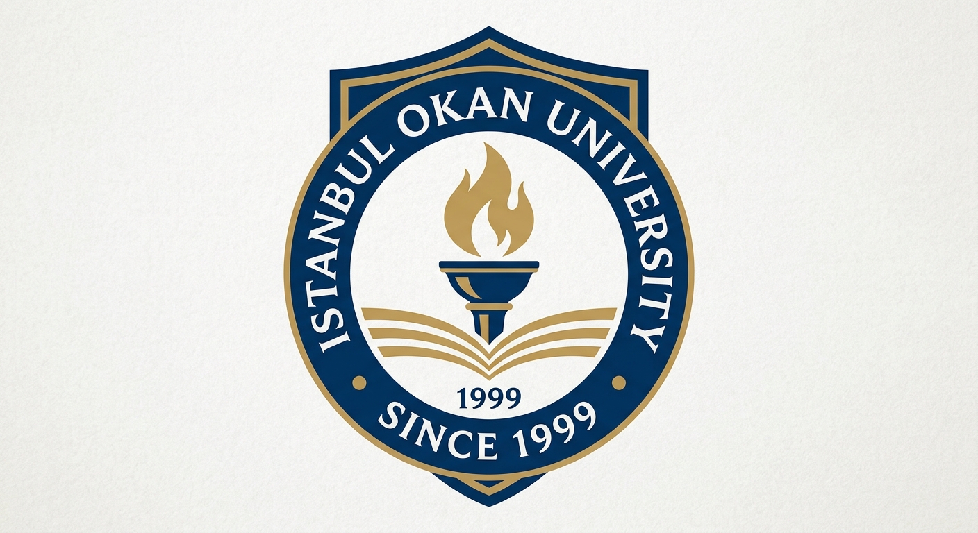Istanbul Okan University official logo, dark blue and gold color scheme, stylized torch emblem with university name in English